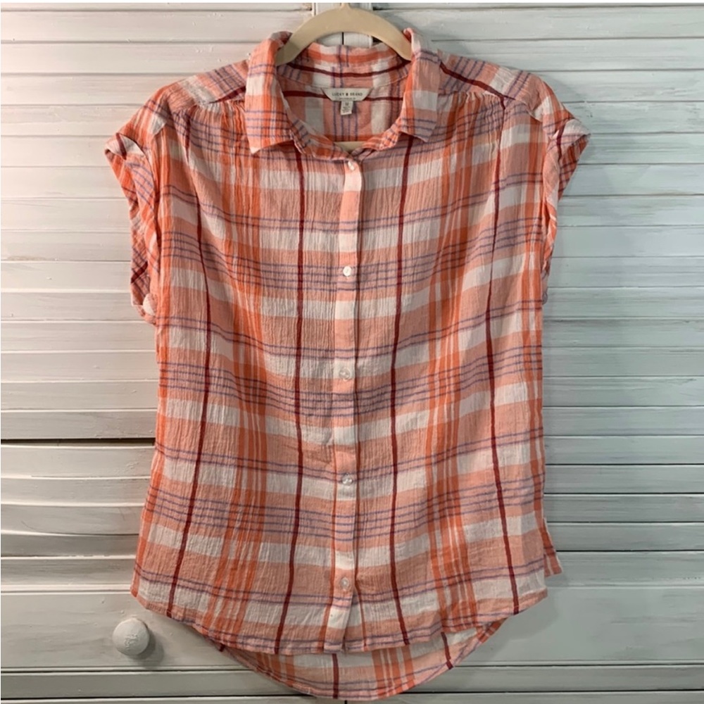 Lucky Brand Coral plaid button up shirt. Medium